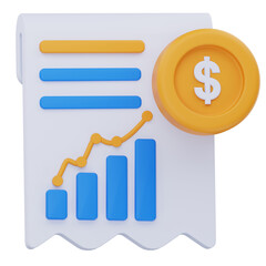 3D illustration of a financial report or receipt featuring bar and line graphs with a dollar coin, symbolizing payment analysis, transaction summary, and financial growth tracking.