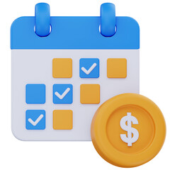3D illustration of a calendar with checkmarks and a dollar coin, symbolizing scheduled payments, recurring billing, or planned financial transactions within a set timeframe.