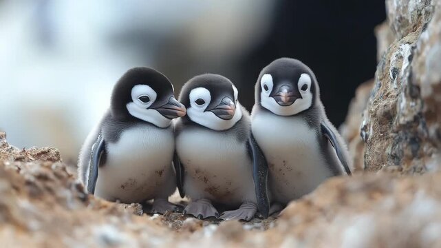 Three Baby Penguins Huddled Together on Rocks
