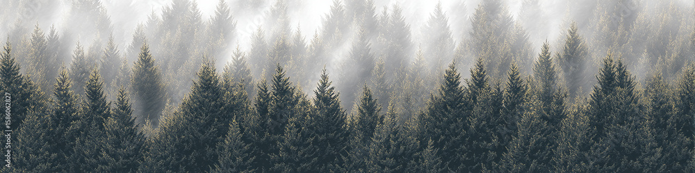 Poster dense evergreen forest shrouded in mist with a soft ethereal light filtering through