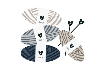 Vector illustration of yarn ball and skein with knitting needles and crochet hooks. Hand drawn style, cozy craft theme. Includes wool thread, sewing accessories, and handmade elements. Concept of knit