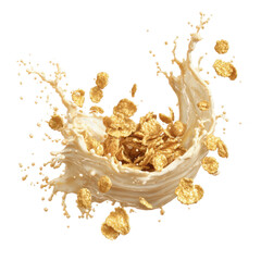 Cereal Splash: Capturing the dynamic moment of golden flakes cascading into a swirl of creamy milk, a visual symphony of breakfast delight. 