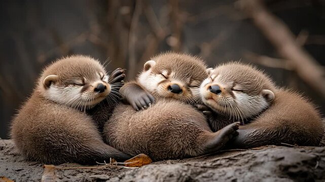 Three Baby Otters Huddled Together Sleeping on Dark Background
