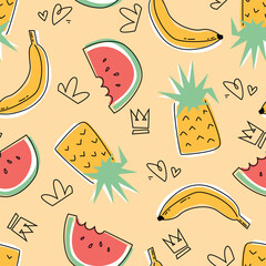 Hand drawn tropical fruits seamless pattern with watermelon, pineapple and banana. Vector Illustration for textile, bedding, print, stationery, wrapping paper and more