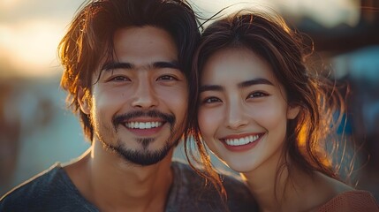 Fototapeta premium Joyful Asian couple sharing a candid vibrant moment of laughter and happiness