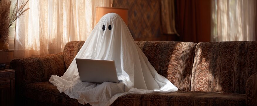 The ghost comfortably using a laptop on a cozy sofa at home.