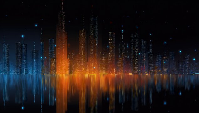 Night city skyline, vibrant lights, reflected in water