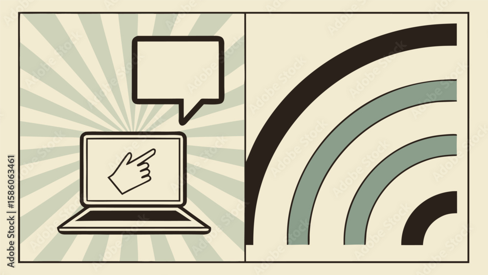 Poster computer with speech bubble and hand pointing next to symbol in retro style