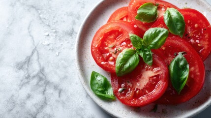 Sliced tomatoes and fresh basil arranged on a summer plate with clean backdrop
