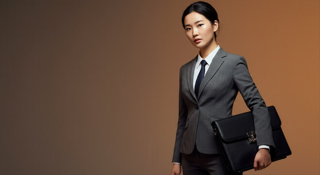 Asian businesswoman holding briefcase. Professional Asian woman in suit holding briefcase on gradient background   - Powered by Adobe