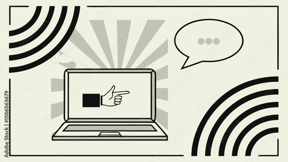 Poster laptop with pointing finger and speech bubble indicating online communication and digital interactio