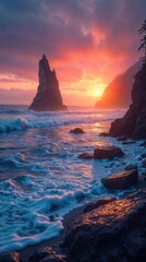 A dramatic sunset over a rocky coastline with a prominent sea stack