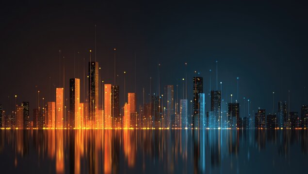Digital city skyline at night, orange and blue lights, abstract, futuristic - Powered by Adobe