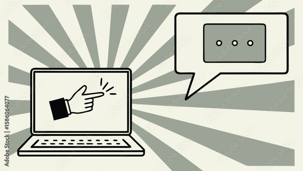 Poster hand pointing at laptop screen with speech bubble indicating communication or message