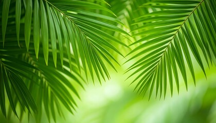 Obraz premium Close-up of vibrant green palm fronds, brightly lit, soft focus background