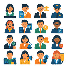 bank employees and roles modern flat style. teller, loan officer, bank manager, security guard, customer service agent, accountant, financial advisor, IT specialist