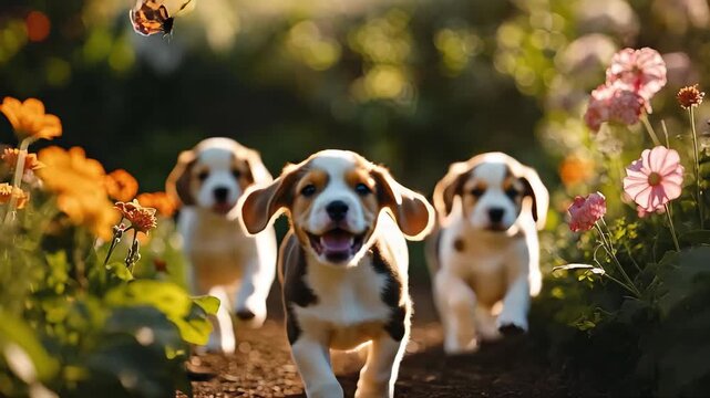 Three Beagle Puppies Chasing Butterfly in Sunny Garden