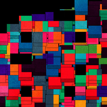 Glitch Block Matrix. A vibrant matrix of overlapping colorful rectangles, evoking digital glitches, broken pixels and coded structures in vibrant, chaotic rhythm.