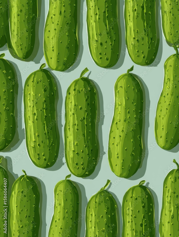 Poster unique flat art of fresh cucumbers with textured shadows on a light background