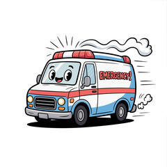 A hand-drawn doodle of an ambulance with a smiling cartoon face and “Emergency!”, on a white background