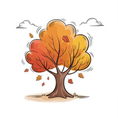 Colorful autumn tree with falling leaves and clouds in sky  