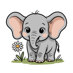 Cute cartoon elephant standing beside flower on green grass  
