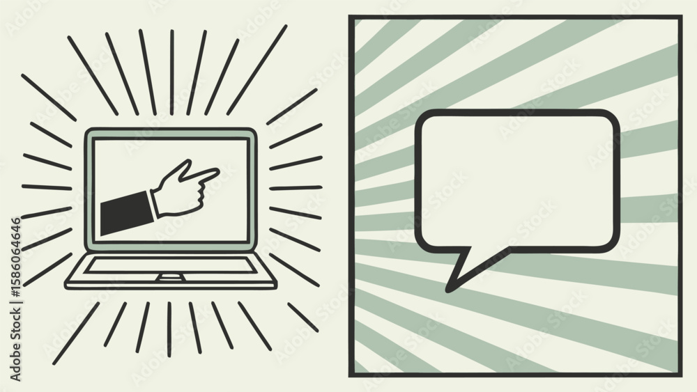 Poster hand pointing at laptop screen with radiating lines next to a blank speech bubble