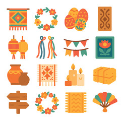 folklore festivals decorations modern flat style. woven tapestries, flower garlands, painted eggs, carved wood, lanterns, ribbons, bunting flags, folk paintings, clay