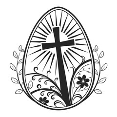 Black Cross Inside Egg Shape with Floral Elements Christian