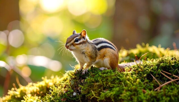 Chipmunk perched on mossy log, sunlit - Powered by Adobe