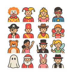 annual parades costumes modern flat style. clown, jester, princess, superhero, pirate, soldier, cowboy, cheerleader, animal mascot, dancer, magician, fairy, ghost, Santa