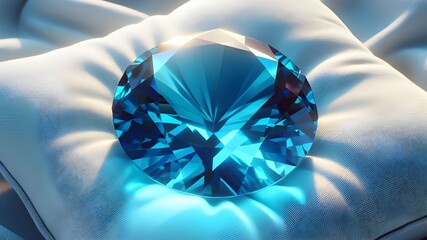 blue big shiny jewelry on a pink soft silk sofa, sunlight enters with reflections	