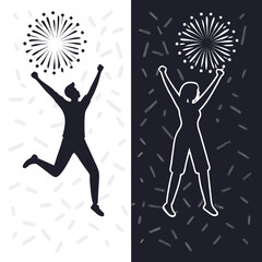 Black and White Silhouettes Celebrating with Fireworks