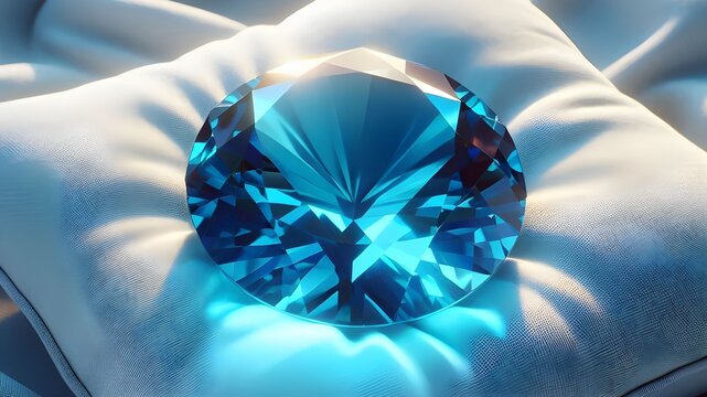 blue big shiny jewelry on a pink soft silk sofa, sunlight enters with reflections	