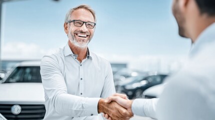 Agreement in the Dealership: A happy customer and the salesperson shaking hands, signifying a successful purchase, a milestone achieved, and a new beginning.