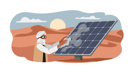 A Man Cleans Solar Panels from Dust in the Desert at Sunset
