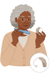 Hygiene when wearing a hearing aid. Elderly woman holding a hearing aid and cleaning tool on a flat vector illustration 