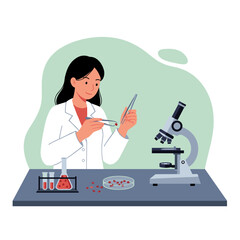 A female breeder sorts berry seeds in a laboratory using test tubes and a microscope.