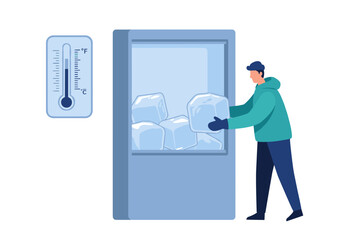 Man placing ice cubes into a freezer with a thermometer indicating temperature - Concept of flat vector illustration  