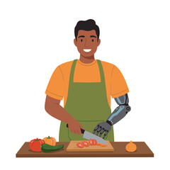 Man with prosthetic arm preparing food while smiling in kitchen  