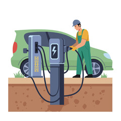 Technician in work uniform installing underground charging station for electric vehicles  