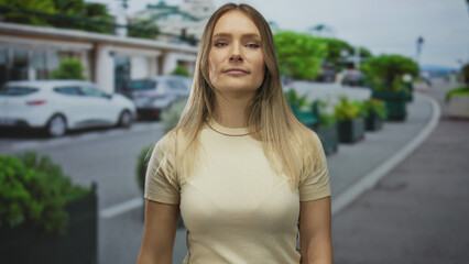 Fototapeta premium Woman gestures outdoors on a city street, communicating a dismissive action, surrounded by cars and greenery, showcasing casual interaction in an urban environment.