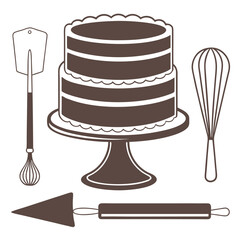 Brown Cake on Stand with Baking Tools Silhouette vector