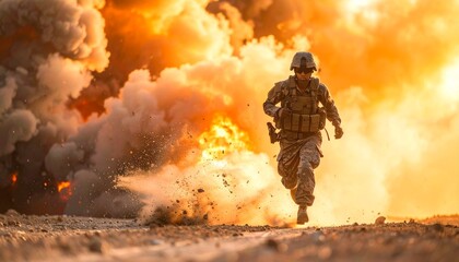 A cinematic shot of a military soldier sprinting toward the camera, escaping a massive fiery explosion in the background&mdash;dust, debris, and flames surrounding the intense battlefield escape