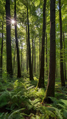 Obraz premium Photo of sunlight streams through the trees in a lush green forest