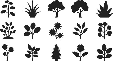 Naklejka premium Diverse botanical silhouettes collection plants trees