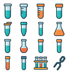types of test tubes modern flat style. glass test tube, plastic test tube, graduated test tube, screw cap test tube, snap cap test tube, centrifuge tube, culture tube