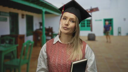 Woman in graduation cap holding book stands on outdoor terrace of city restaurant with thoughtful...