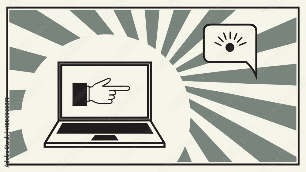 Poster digital communication and online interaction concept with pointing finger on laptop screen and speec