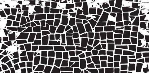 Monochrome texture composed of irregular graphic elements. Distressed uneven grunge background. Abstract vector illustration. Overlay for interesting effect and depth. Isolated on white background.